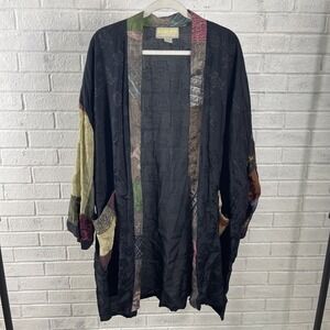 Kusnadi Kimono Duster Patchwork Floral Black Womens One Size Boho Lagenlook